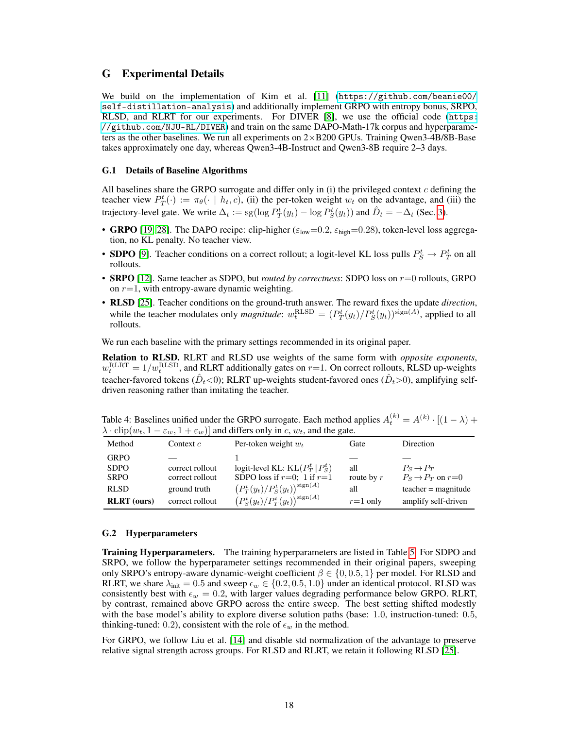 论文第 18 页：baseline 算法统一表和超参数