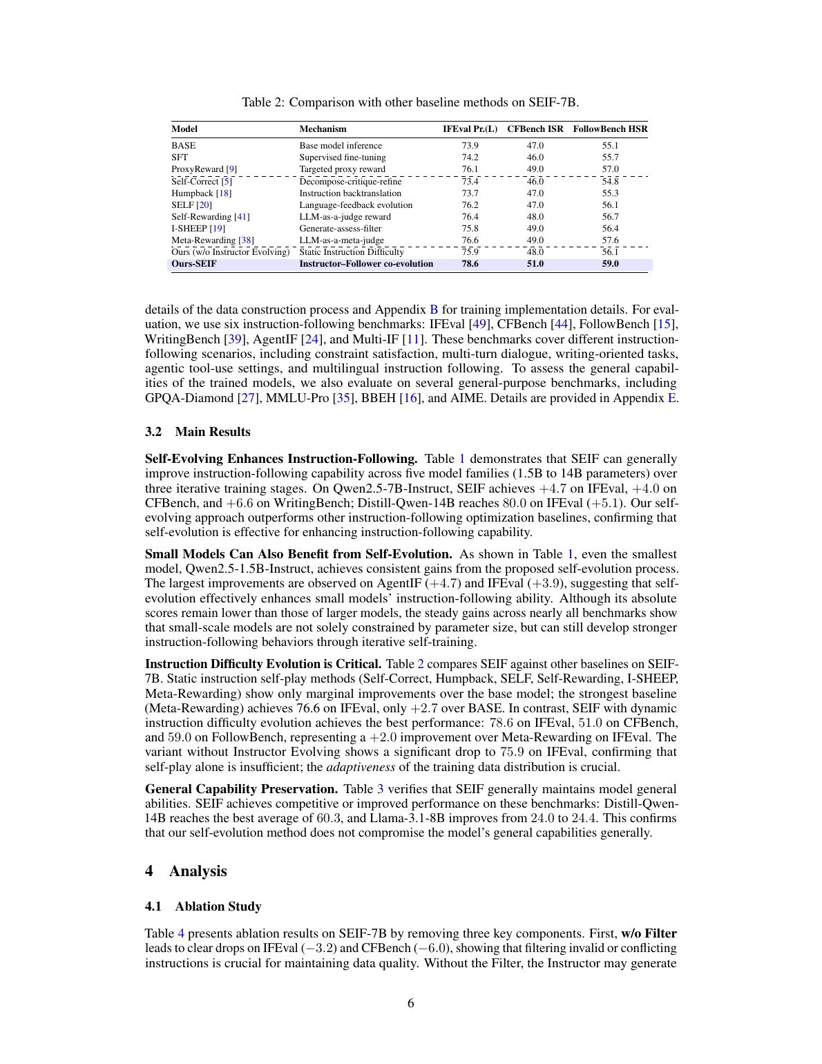 SEIF baseline comparison and ablation tables