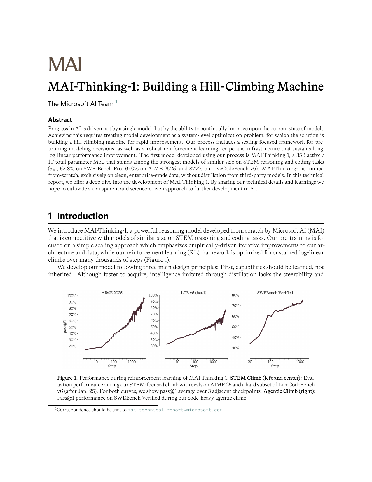 MAI-Thinking-1 技术报告首页，显示标题、摘要和 Figure 1 的 RL climb 曲线